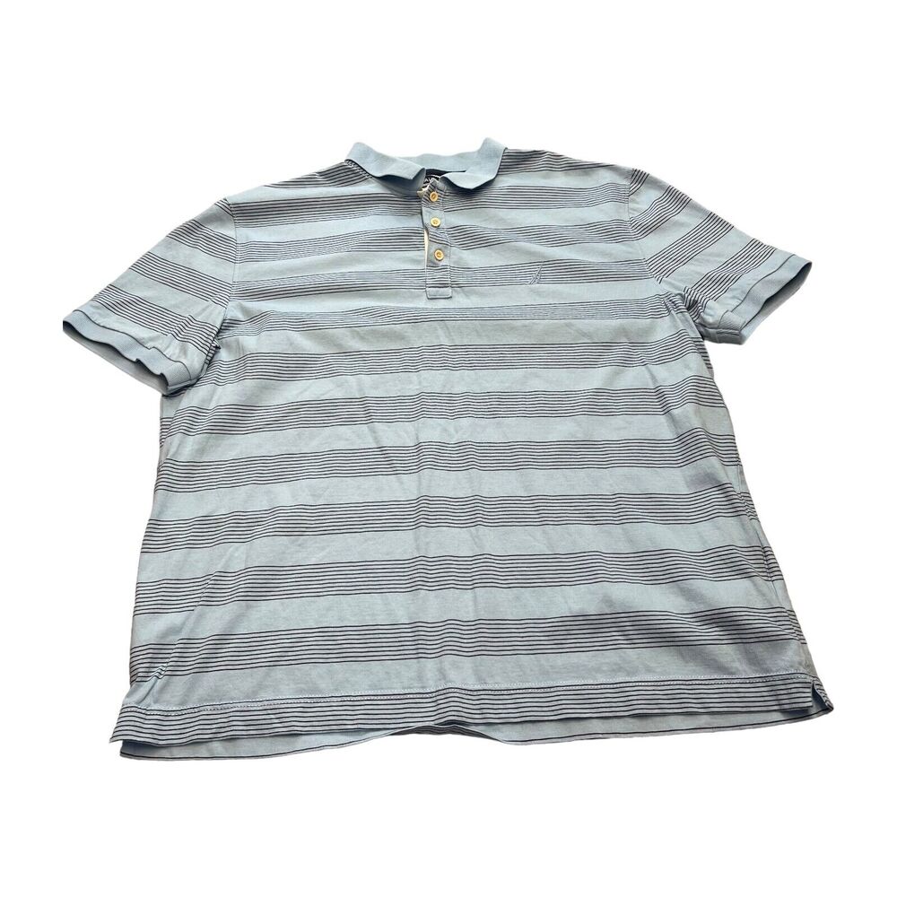 Nautica Polo Shirt Mens XL Blue Black Striped 100% Cotton Golf Collared Pullover